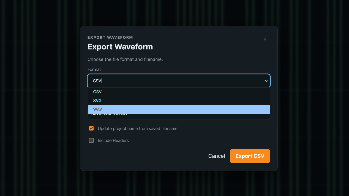 [ArbDraw Export Waveform dialog configured for WAV output