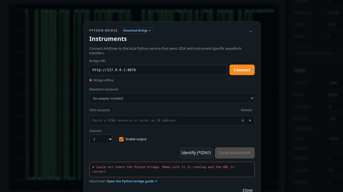 ArbDraw Python bridge instrument connection dialog