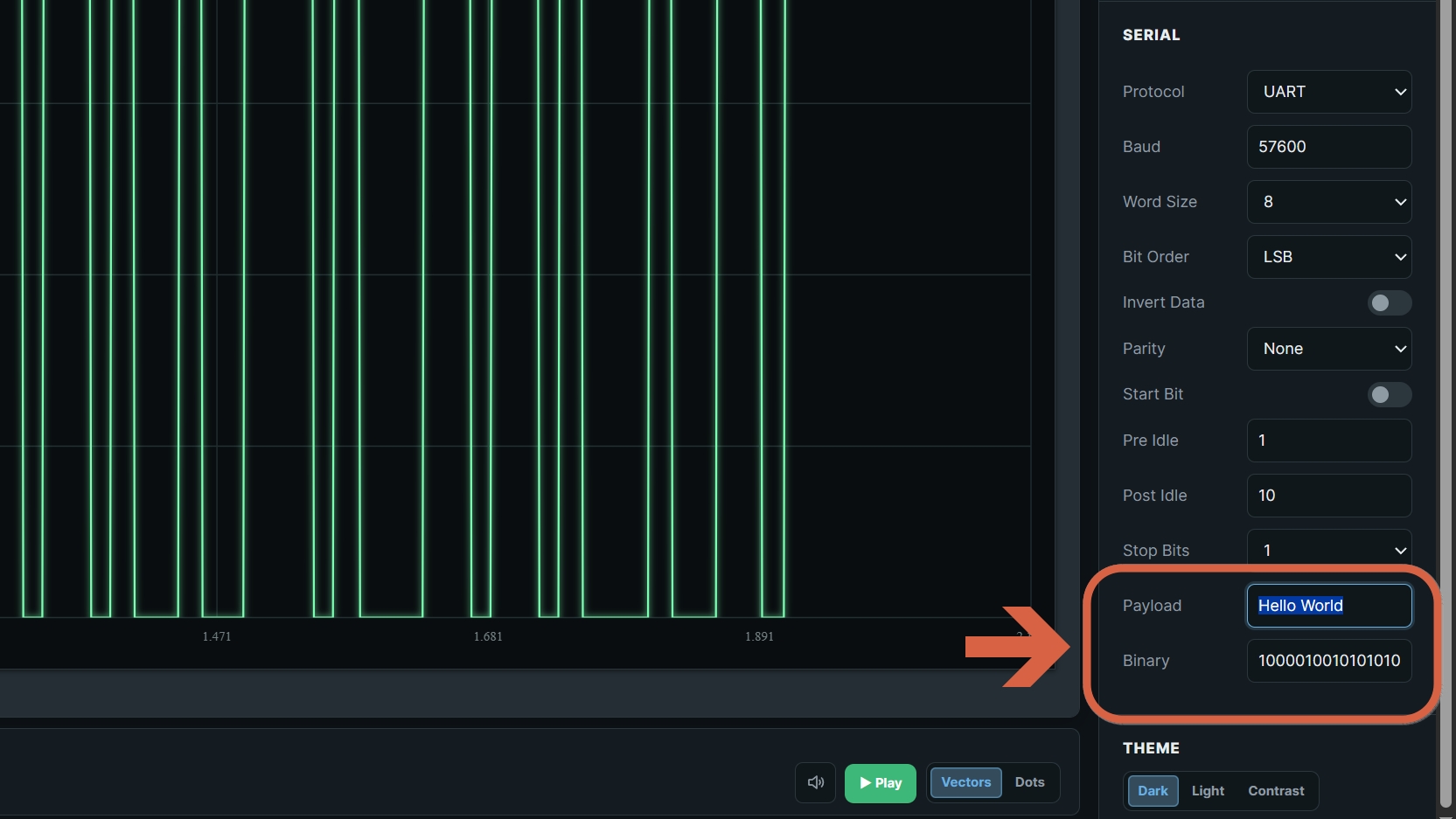 ArbDraw UART payload and framing controls with Hello World entered