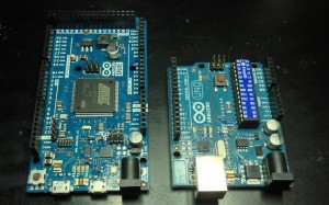 Arduino Due board compared with an earlier Arduino board