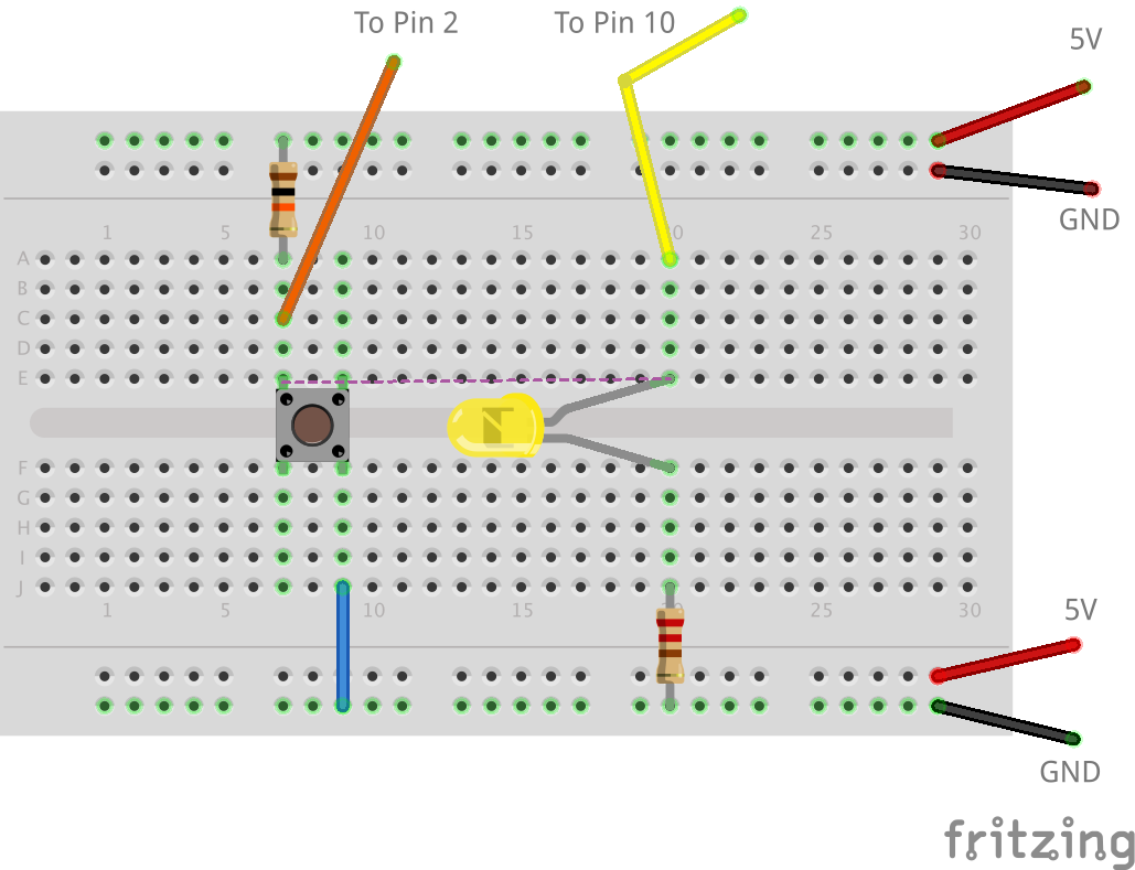 push button, led, millis, bread board