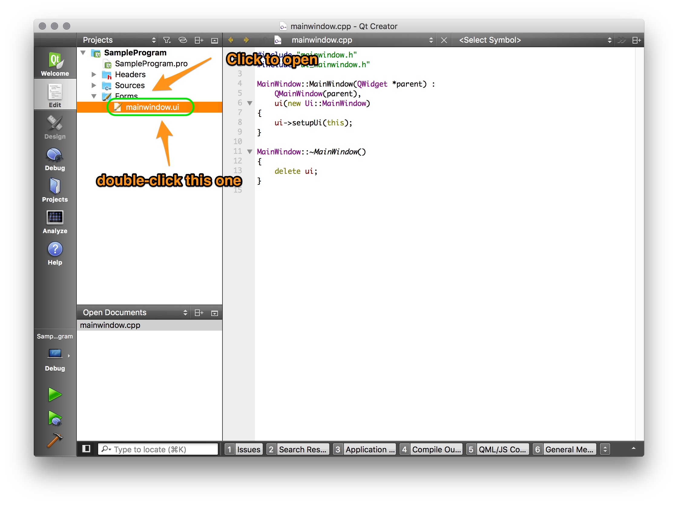 QtCreator Open MainWindow.UI from Code Window