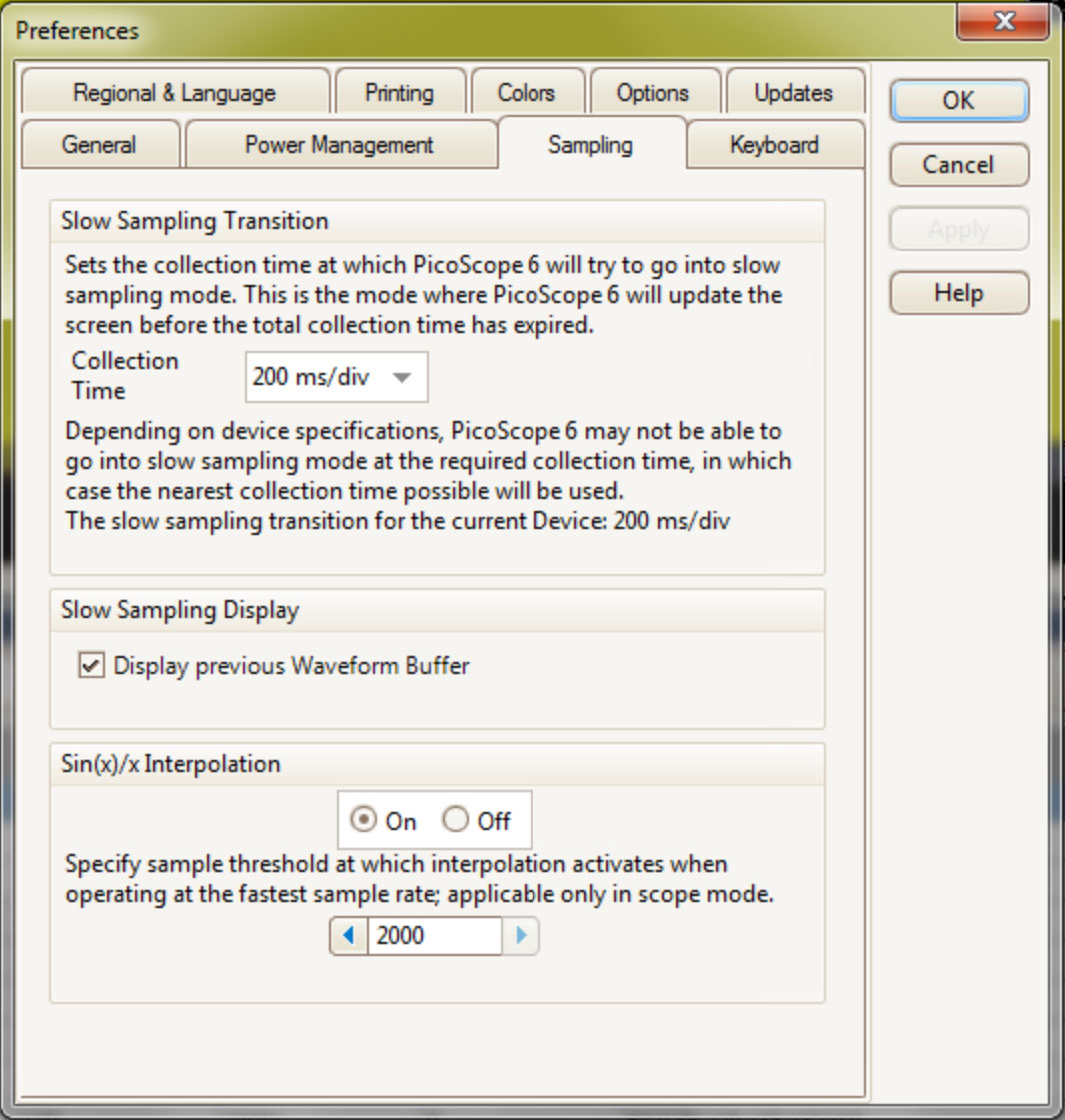 PicoScope 6 slow sampling transition dialog